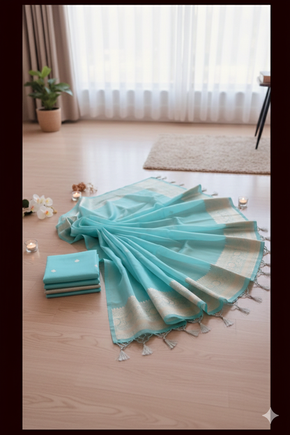 Banarasi Kora  Silk Saree Handwoven Sea Green Silk mark