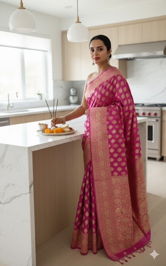 Exquisite  Handwoven Katan Silk Saree with Gold Zari Silk Mark Saree with blouse fabric - Dual tone - pinkish purple