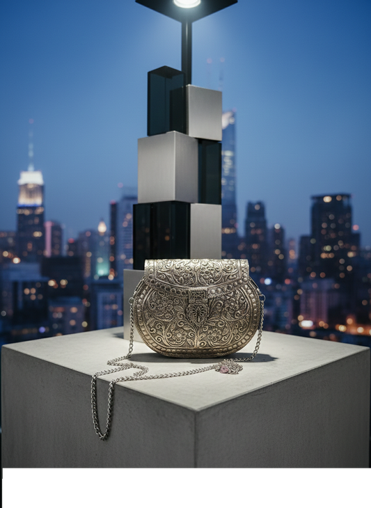 Handcrafted Metal Clutch with Intricate Engraving | Evening Statement Bag