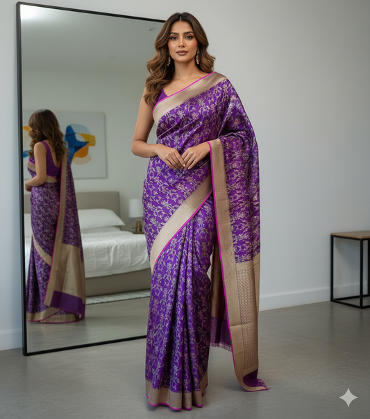 Royal Purple Katan Silk Banarasi Saree with Bird Motif | Full Jaal Weave