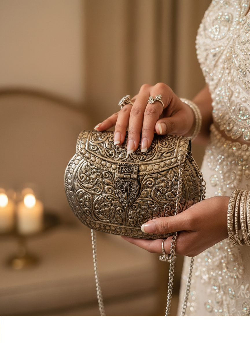 Handcrafted Metal Clutch with Intricate Engraving | Evening Statement Bag