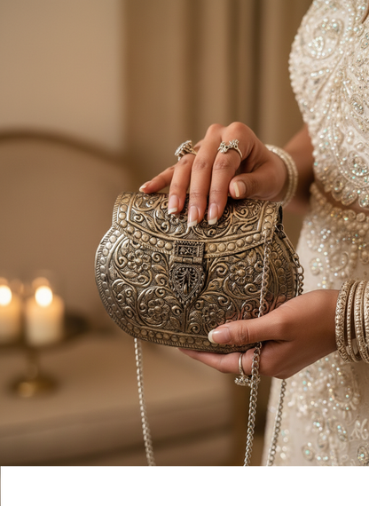 Handcrafted Metal Clutch with Intricate Engraving | Evening Statement Bag