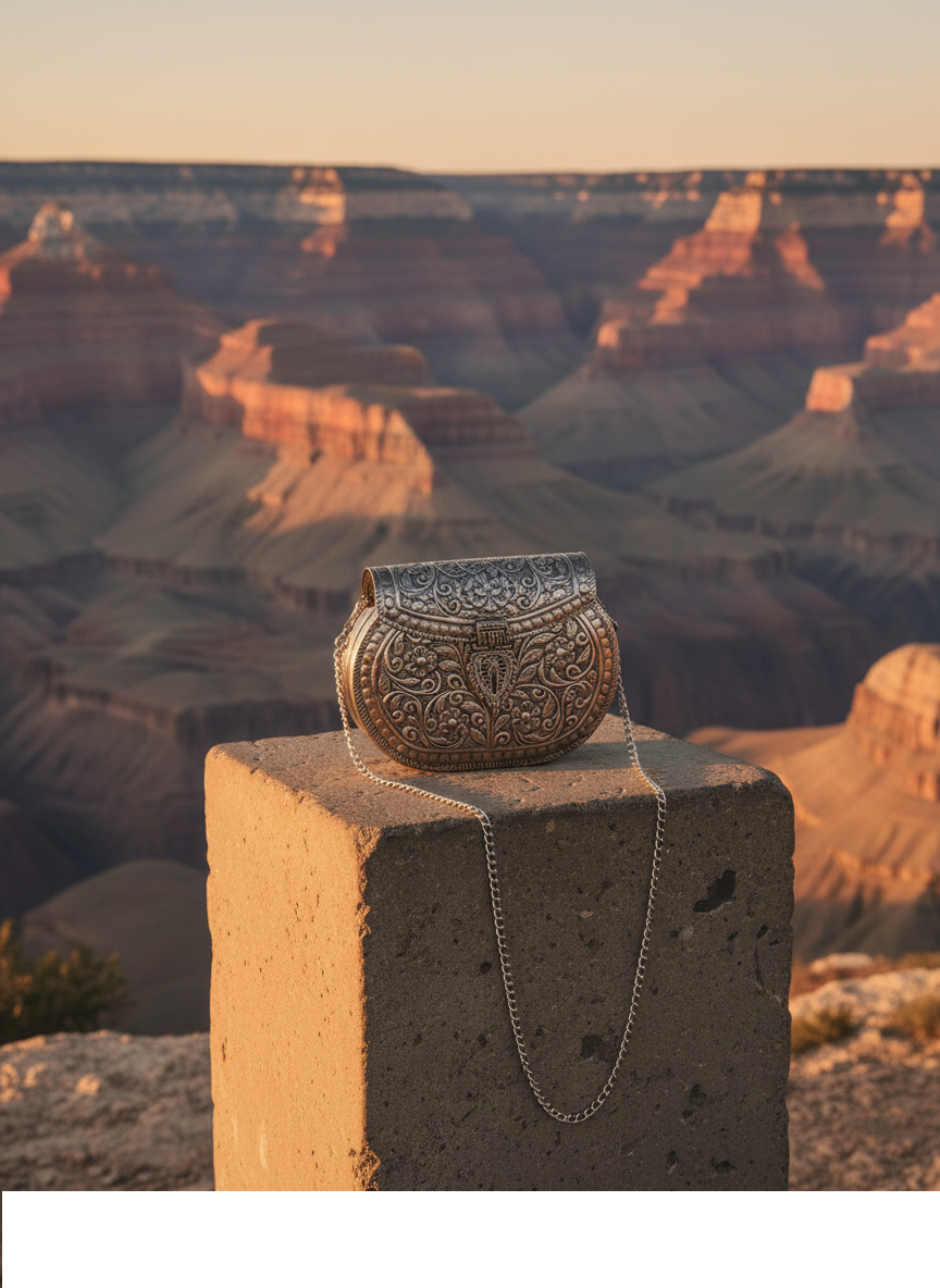 Handcrafted Metal Clutch with Intricate Engraving | Evening Statement Bag