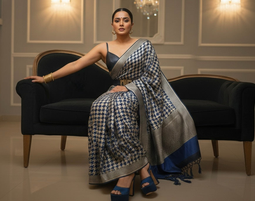 Gold Matrix  Handwoven Mulberry Katan Silk Saree - Made to order