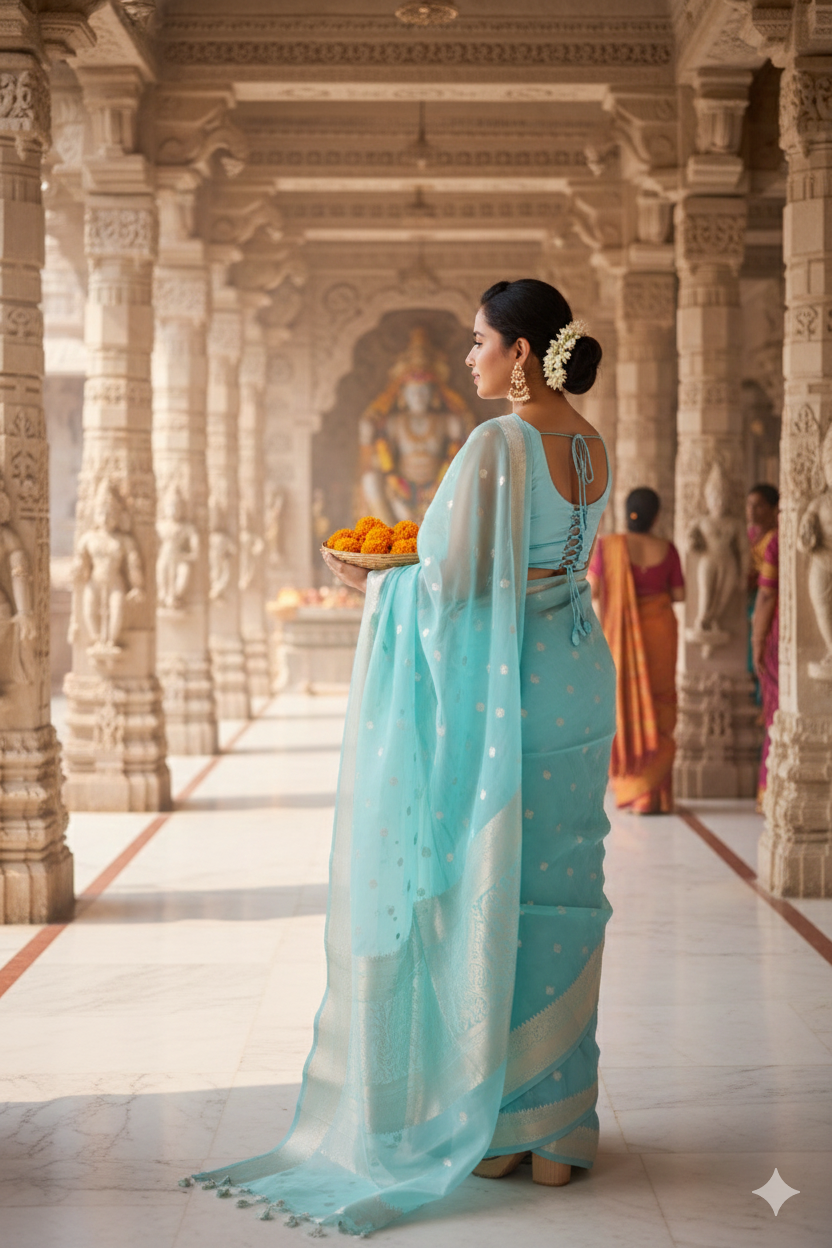 Banarasi Kora  Silk Saree Handwoven Sea Green Silk mark