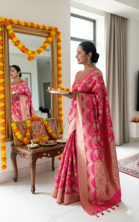 Exquisite  Handwoven Katan Silk Saree Dual Pink with sona rupa zari - Silk Mark certified