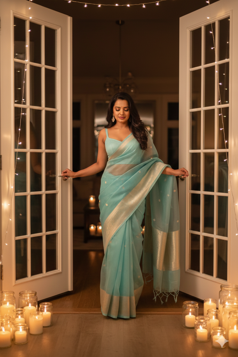 Banarasi Kora  Silk Saree Handwoven Sea Green Silk mark