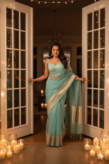 Banarasi Kora  Silk Saree Handwoven Sea Green Silk mark