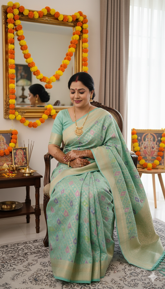Sea Green Katan Silk Rangkart Banarasi Saree with Gold Zari