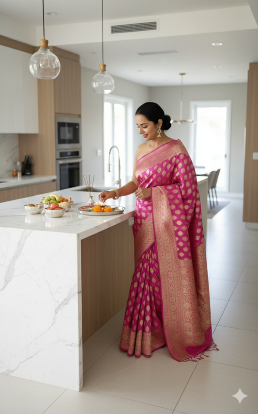 Exquisite  Handwoven Katan Silk Saree with Gold Zari Silk Mark Saree with blouse fabric - Dual tone - pinkish purple