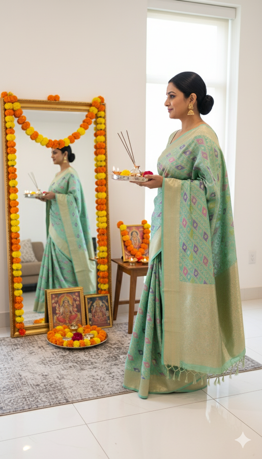 Sea Green Katan Silk Rangkart Banarasi Saree with Gold Zari