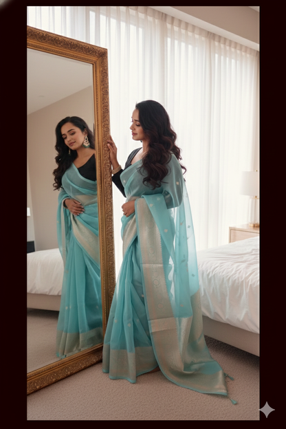 Banarasi Kora  Silk Saree Handwoven Sea Green Silk mark