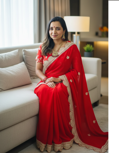 Georgette  Hand Gotta Patti Saree - Designer with Stitched Blouse