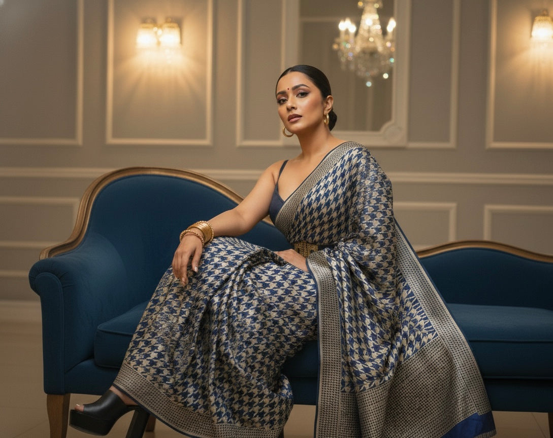 Gold Matrix  Handwoven Mulberry Katan Silk Saree - Made to order