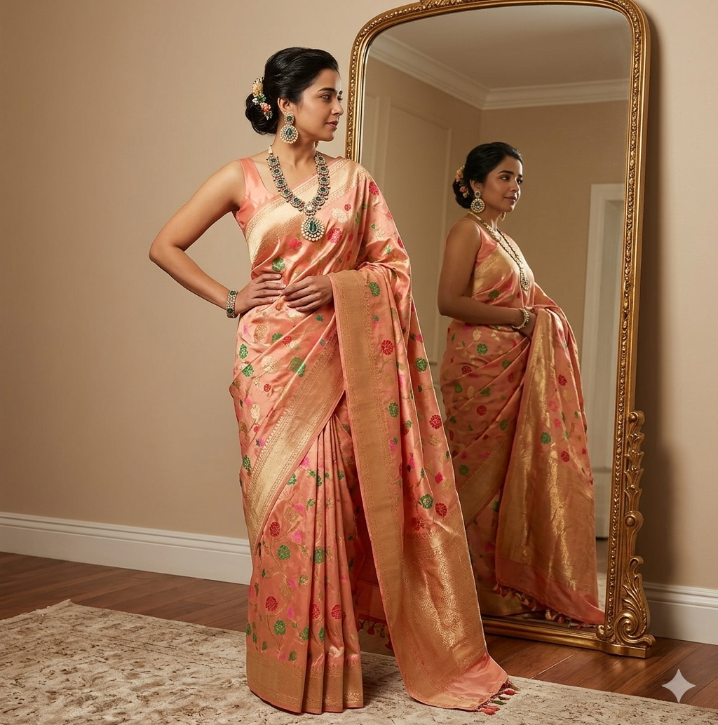 Nita Ambani Wabes look Inspired Pure Katan Handwoven Banarasi Saree with Silk Mark - Jaal - Meenakari