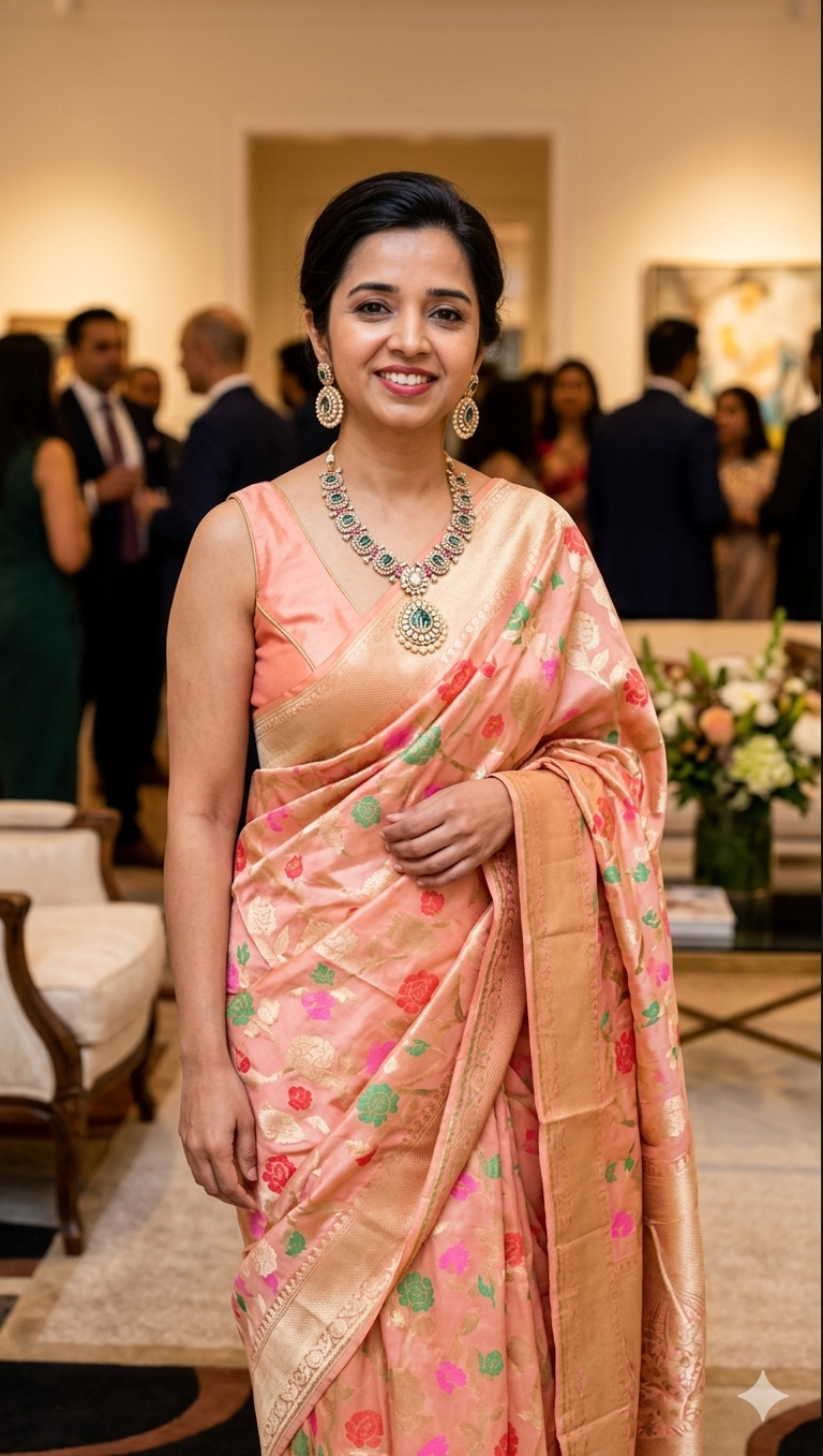 Nita Ambani Wabes look Inspired Pure Katan Handwoven Banarasi Saree with Silk Mark - Jaal - Meenakari