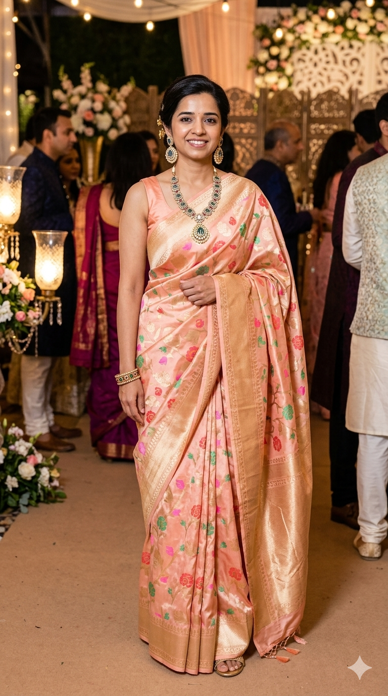 Nita Ambani Wabes look Inspired Pure Katan Handwoven Banarasi Saree with Silk Mark - Jaal - Meenakari