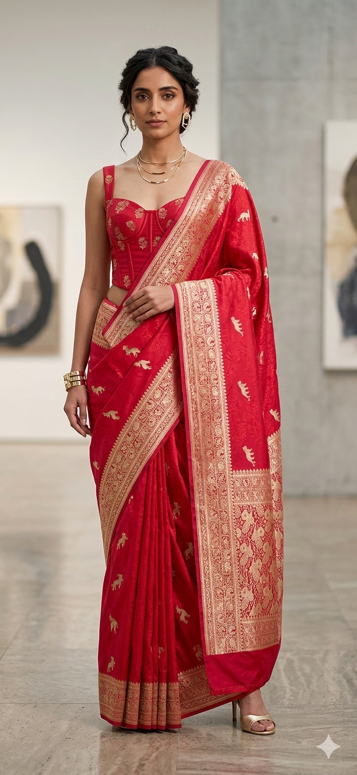 Mashru Silk Banarasi Saree with Tanchoi Weave & Animal Motifs