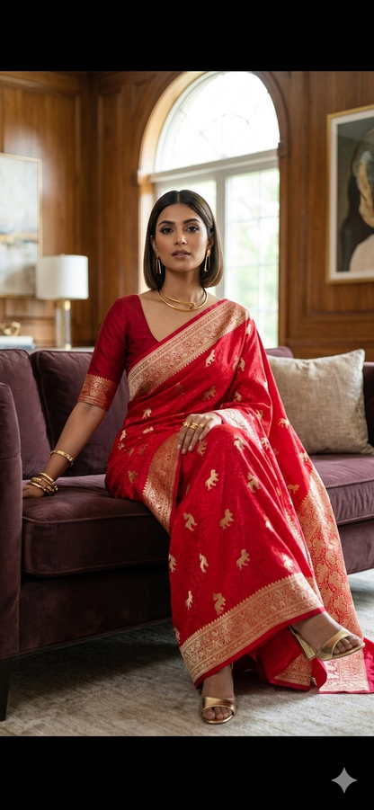 Mashru Silk Banarasi Saree with Tanchoi Weave & Animal Motifs