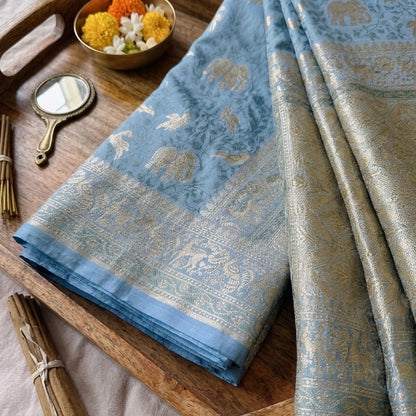 Mashru Silk Banarasi Saree with Tanchoi Weave & Animal Motifs