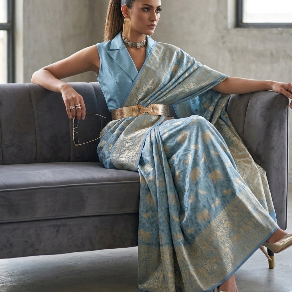 Mashru Silk Banarasi Saree with Tanchoi Weave & Animal Motifs