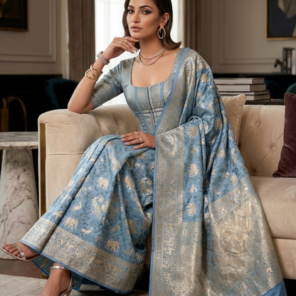 Mashru Silk Banarasi Saree with Tanchoi Weave & Animal Motifs