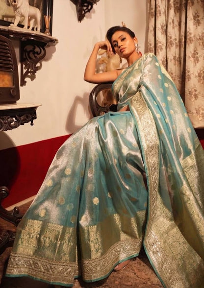 Blue Banarasi Tissue Silk Saree with Gotta Patti with stitched blouse