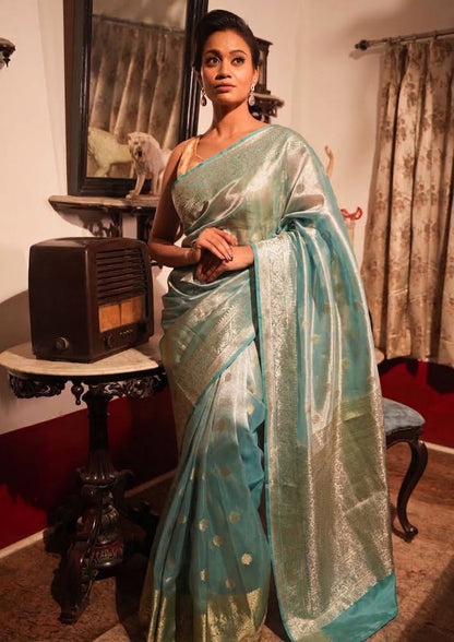 Blue Banarasi Tissue Silk Saree with Gotta Patti with stitched blouse