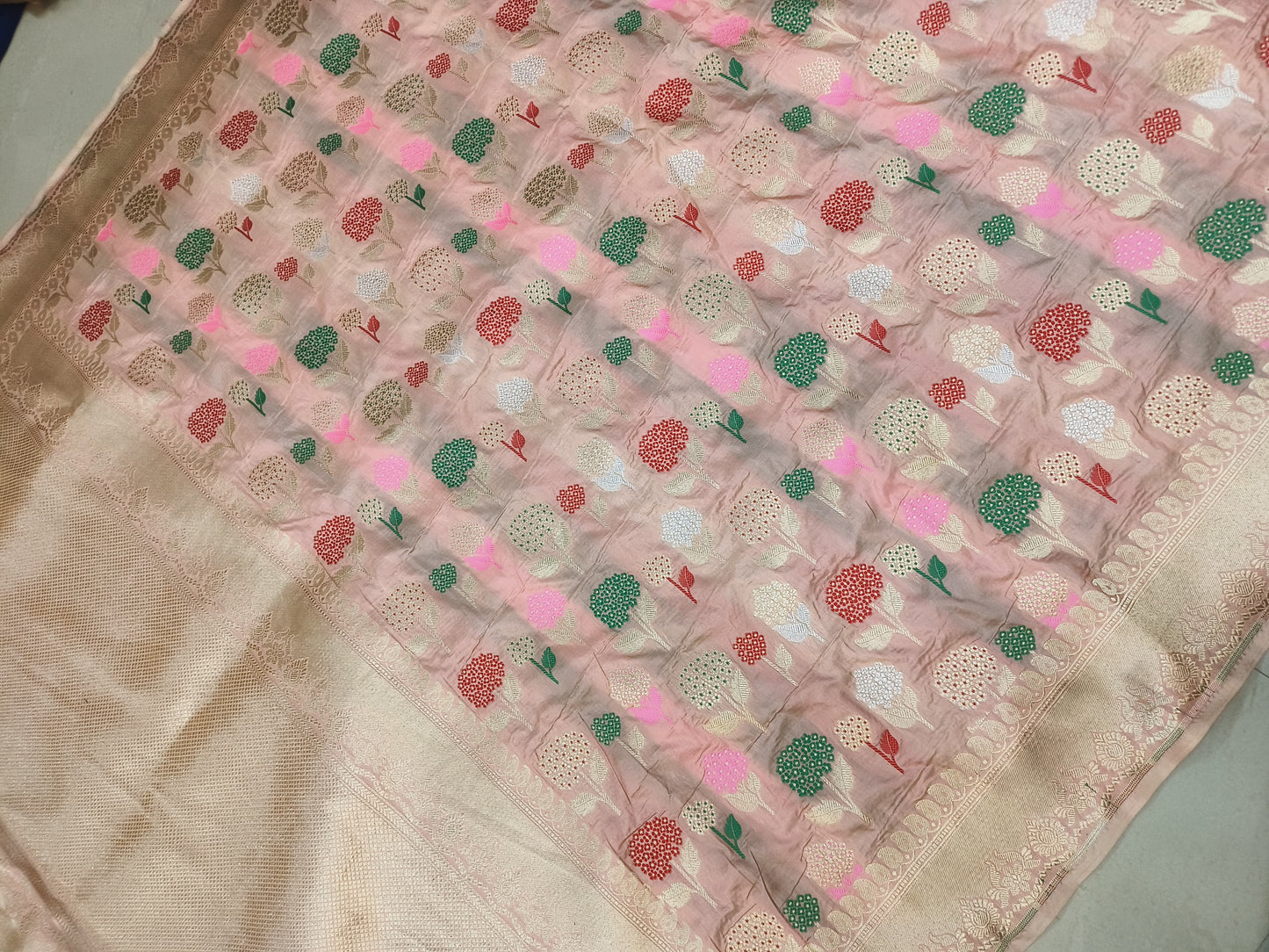 Nita Ambani Wabes look Inspired Pure Katan Handwoven Banarasi Saree with Silk Mark - Jaal - Meenakari