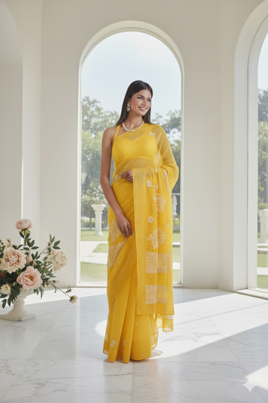 Authentic  Hand Lucknowi Chikankari organza saree with Mukesh