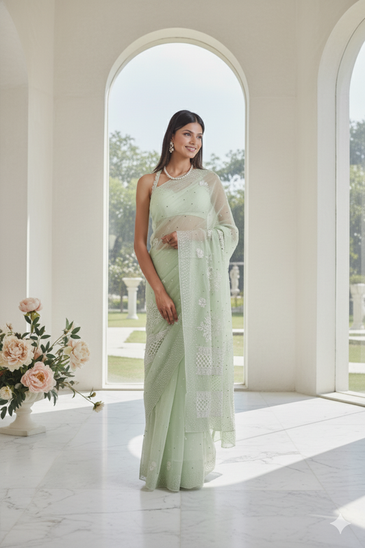 Authentic  Hand Lucknowi Chikankari organza saree with Mukesh