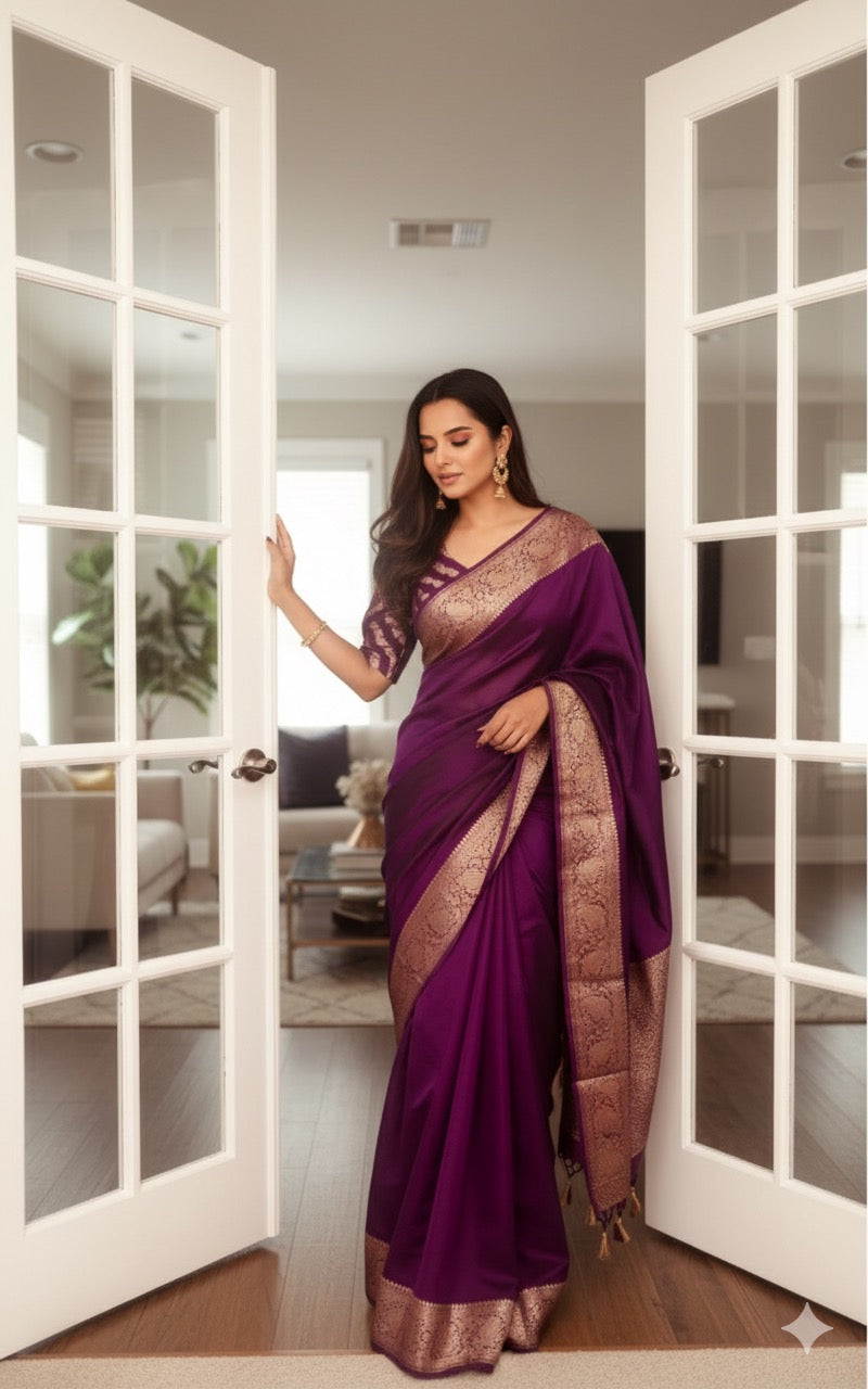 Purple Banarasi Georgette Silk Saree with good zari Stitched Blouse