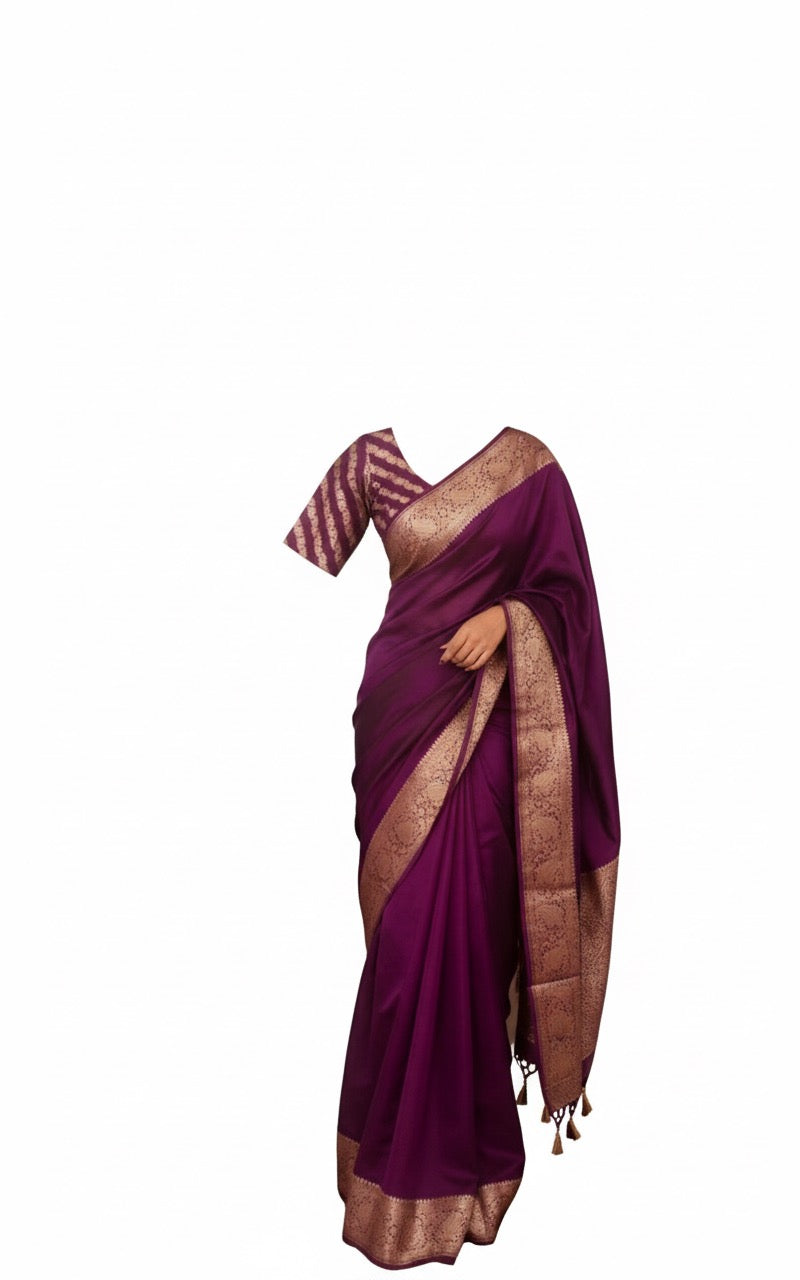 Purple Banarasi Georgette Silk Saree with good zari Stitched Blouse