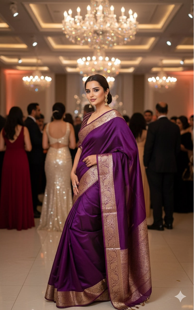 Purple Banarasi Georgette Silk Saree with good zari Stitched Blouse