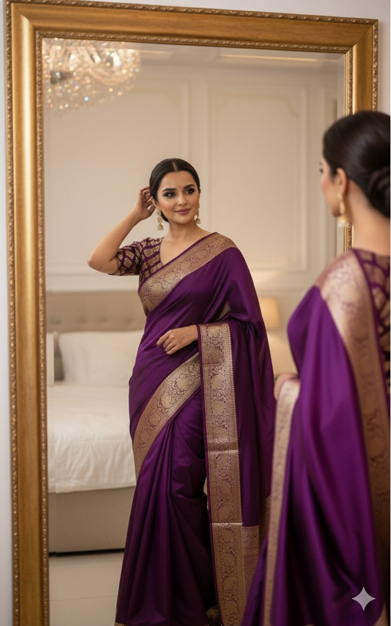 Purple Banarasi Georgette Silk Saree with good zari Stitched Blouse