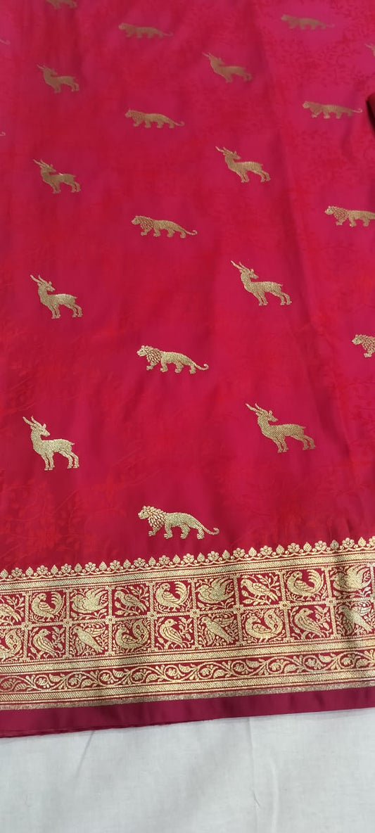 Mashru Silk Banarasi Saree with Tanchoi Weave & Animal Motifs
