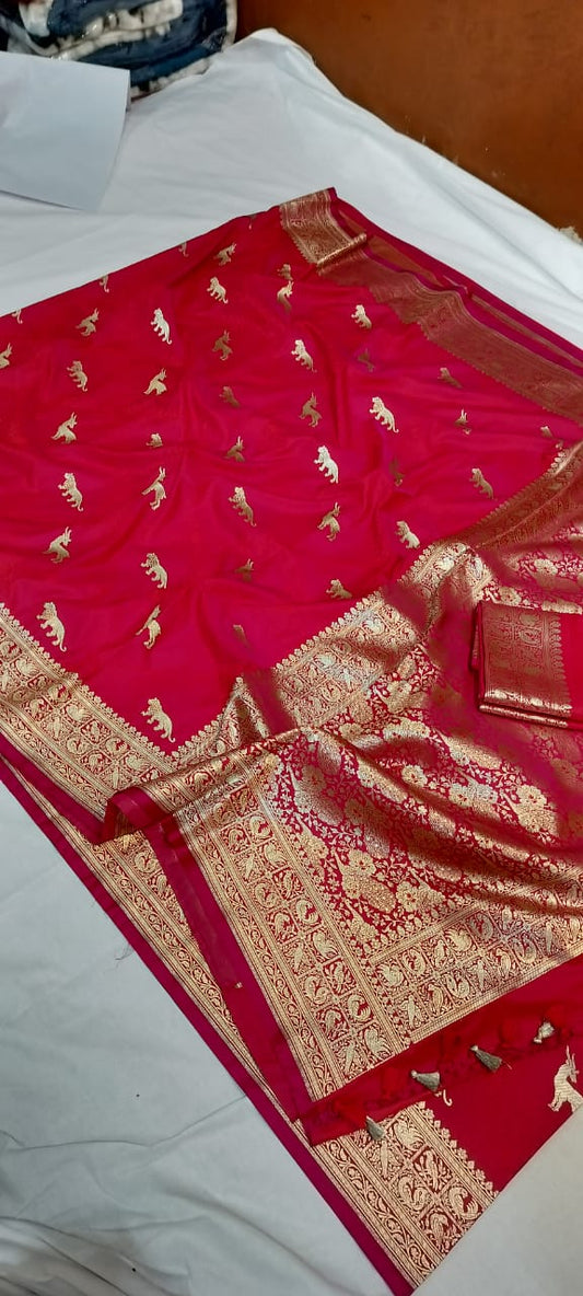 Mashru Silk Banarasi Saree with Tanchoi Weave & Animal Motifs