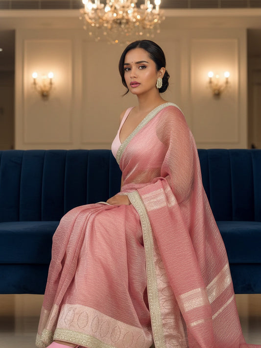 Banarasi  Pure Crushed Tissue Silk  Handwoven  Saree with blouse fabric