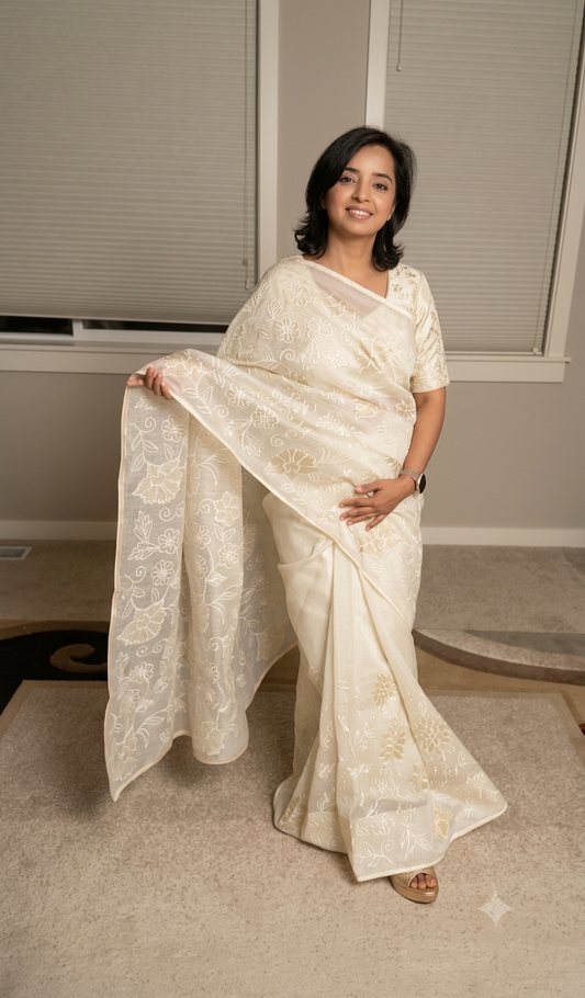 Abha Kota Checks Saree with Embroidery & Appliqué