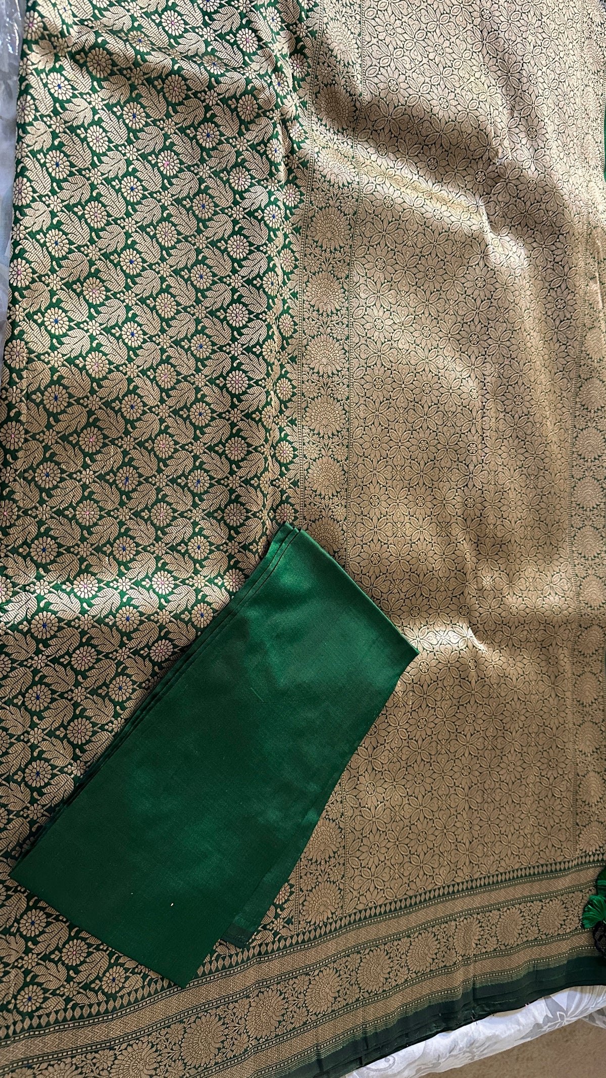 Emerald Bloom | Green Banarasi Mulberry Katan Silk Saree