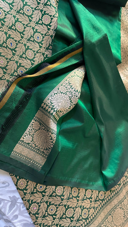 Emerald Bloom | Green Banarasi Mulberry Katan Silk Saree