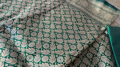 Emerald Bloom | Green Banarasi Mulberry Katan Silk Saree
