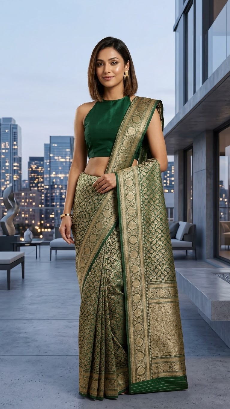 Emerald Bloom | Green Banarasi Mulberry Katan Silk Saree