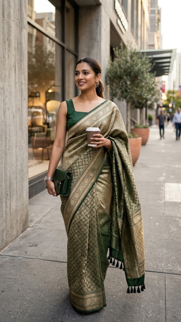Emerald Bloom | Green Banarasi Mulberry Katan Silk Saree