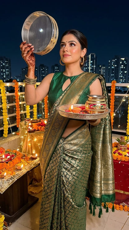 Emerald Bloom | Green Banarasi Mulberry Katan Silk Saree