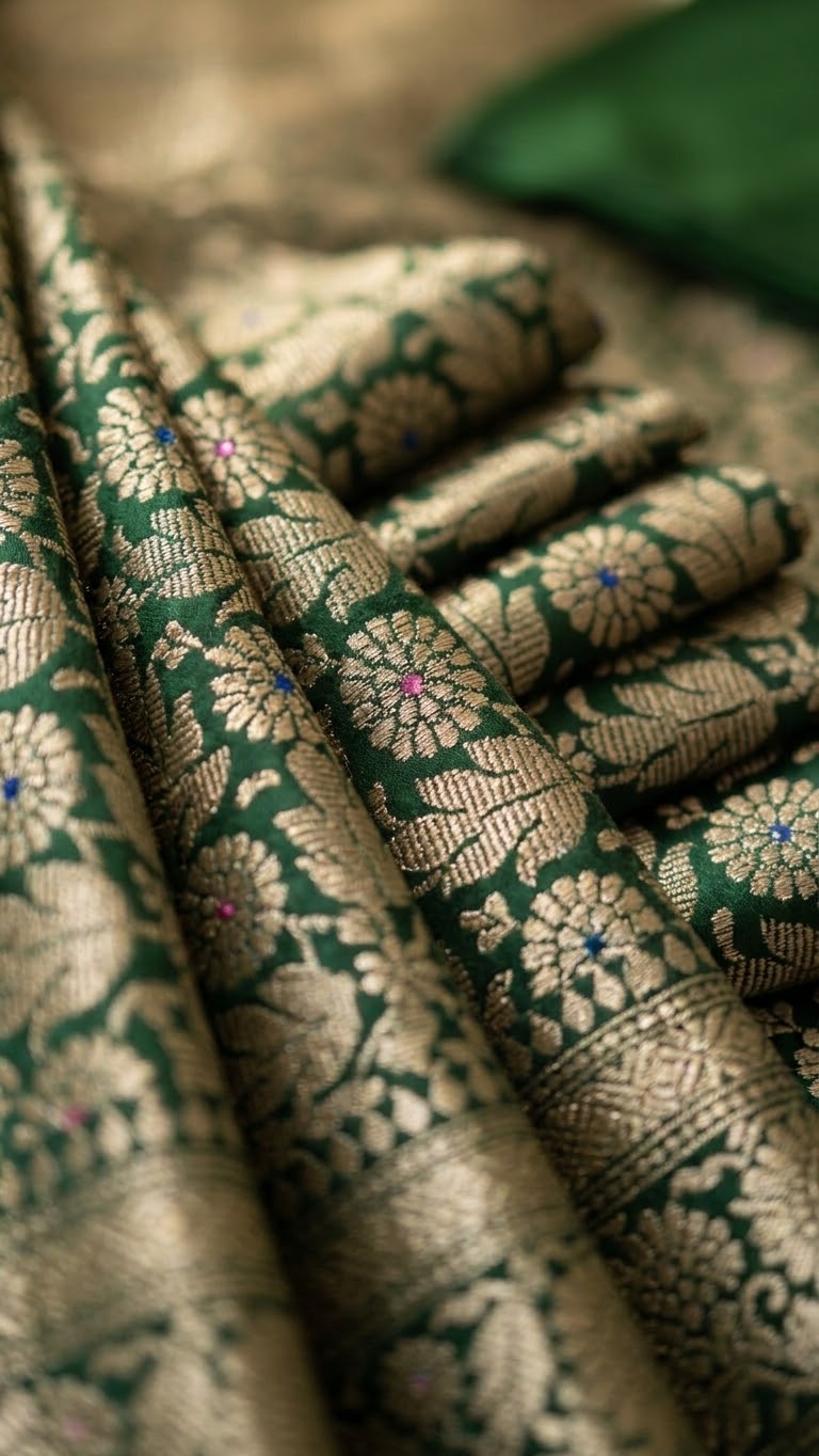 Emerald Bloom | Green Banarasi Mulberry Katan Silk Saree
