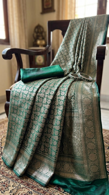 Emerald Bloom | Green Banarasi Mulberry Katan Silk Saree