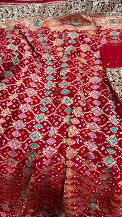 Hand Bandhej  Handloom Banarasi Saree in Pure Khaddi Georgette - see colors