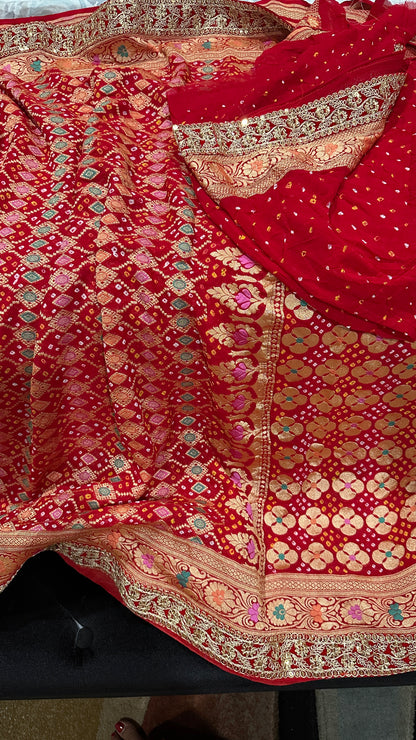 Hand Bandhej  Handloom Banarasi Saree in Pure Khaddi Georgette - see colors