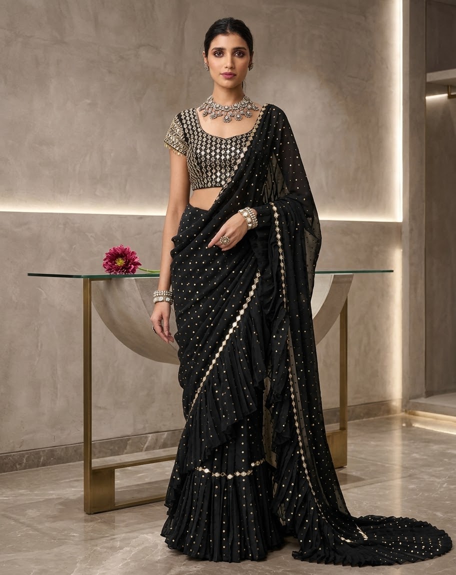 Chiffon Pre-Stitched Saree with Original Mirror Work